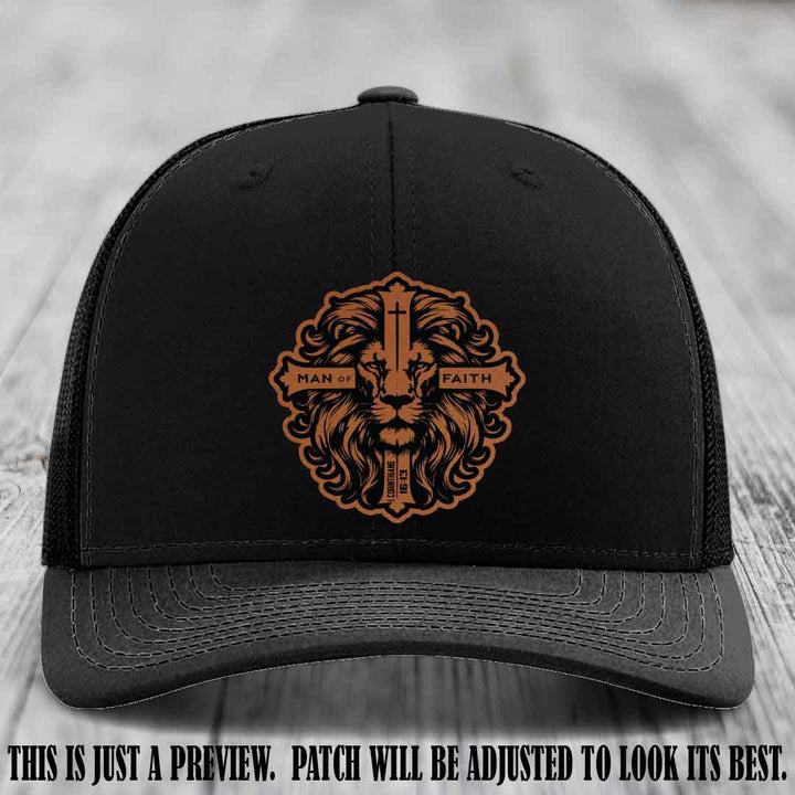 Man of Faith design Rawhide to Black Patch on Black Hat Richardson 112 leather patch hat