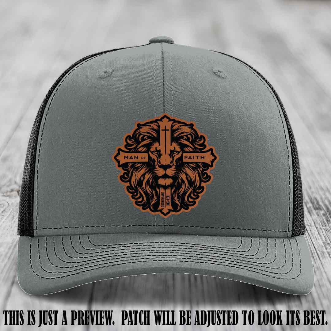 Man of Faith design Rawhide to Black Patch on Heather Grey to Black Hat Richardson 112 leather patch hat