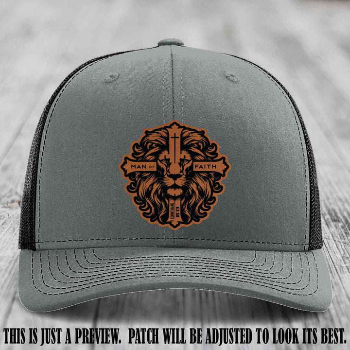 Man of Faith design Rawhide to Black Patch on Heather Grey to Black Hat Richardson 112 leather patch hat