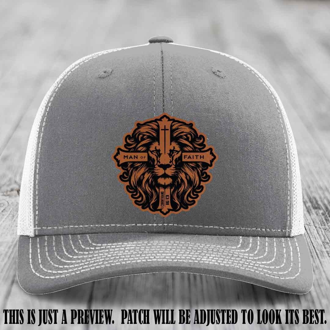 Man of Faith design Rawhide to Black Patch on Heather Grey to White Hat Richardson 112 leather patch hat
