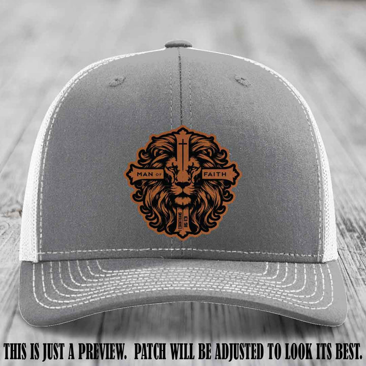 Man of Faith design Rawhide to Black Patch on Heather Grey to White Hat Richardson 112 leather patch hat