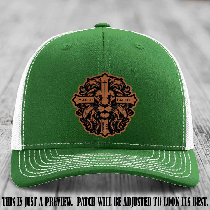 Man of Faith design Rawhide to Black Patch on Kelly to White Hat Richardson 112 leather patch hat
