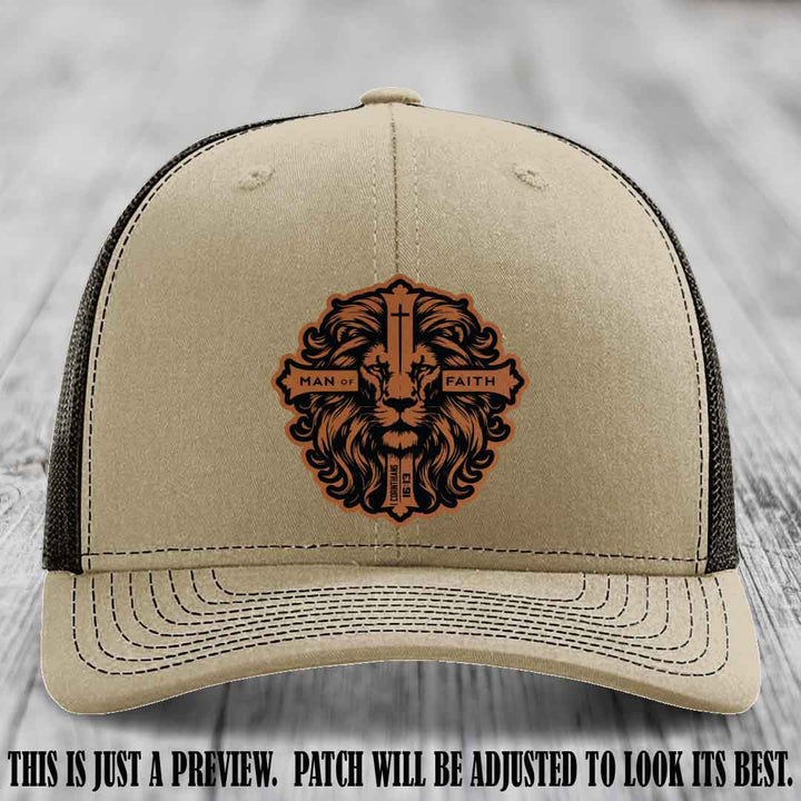 Man of Faith design Rawhide to Black Patch on Khaki to Coffee Hat Richardson 112 leather patch hat