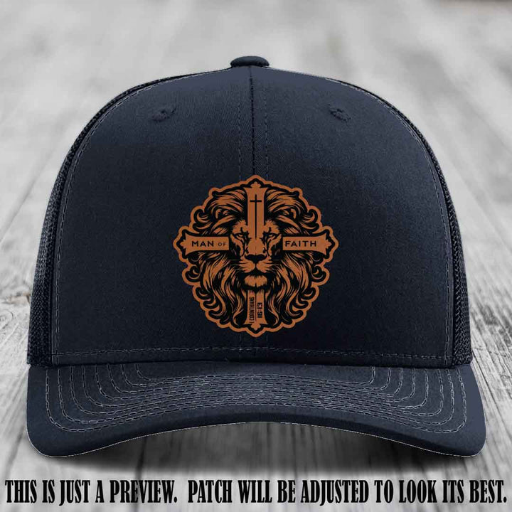 Man of Faith design Rawhide to Black Patch on Navy Hat Richardson 112 leather patch hat
