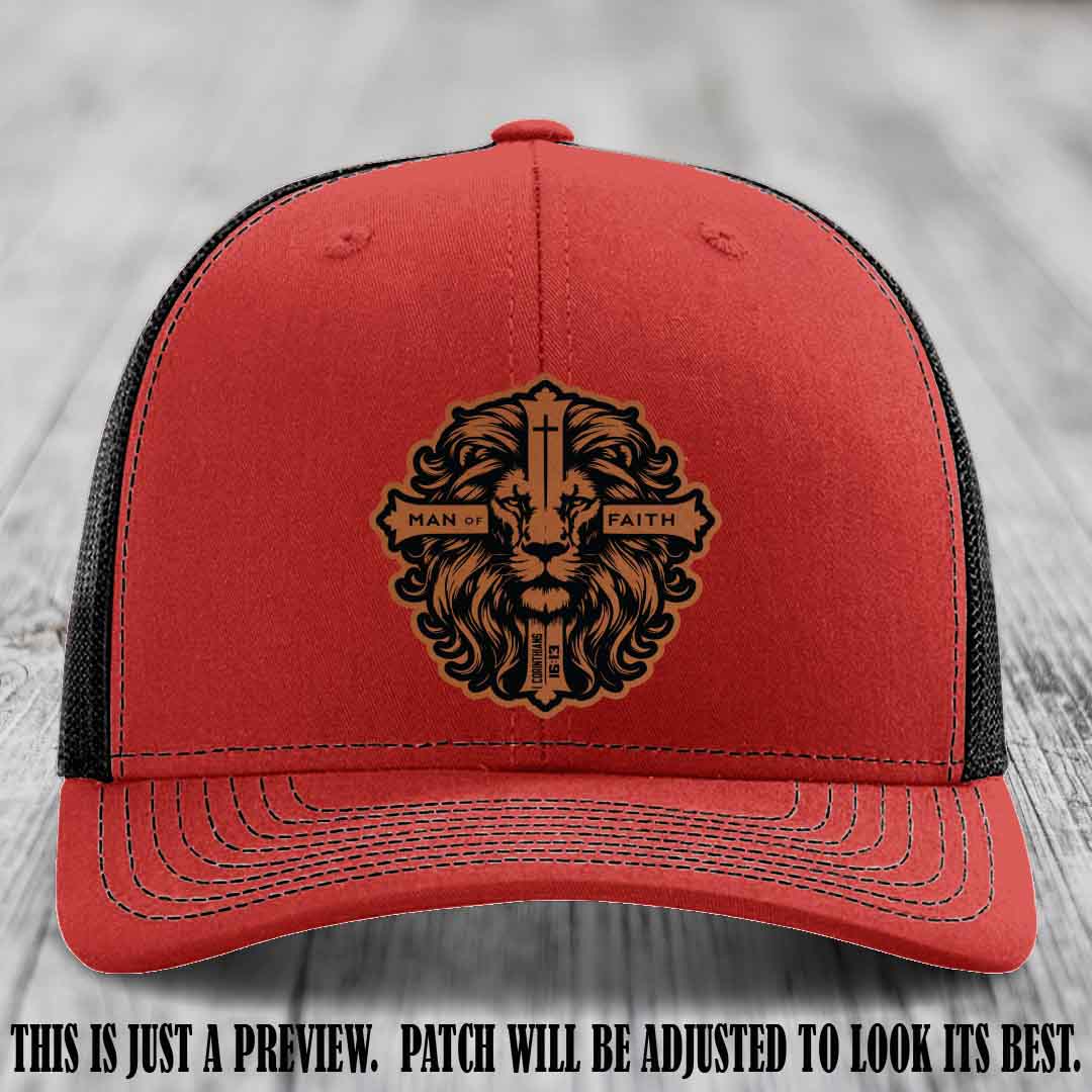 Man of Faith design Rawhide to Black Patch on Red to Black Hat Richardson 112 leather patch hat