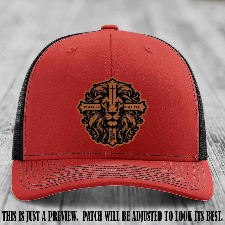Man of Faith design Rawhide to Black Patch on Red to Black Hat Richardson 112 leather patch hat