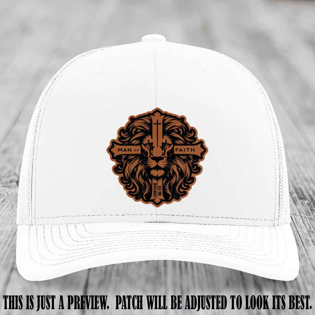 Man of Faith design Rawhide to Black Patch on White Hat Richardson 112 leather patch hat