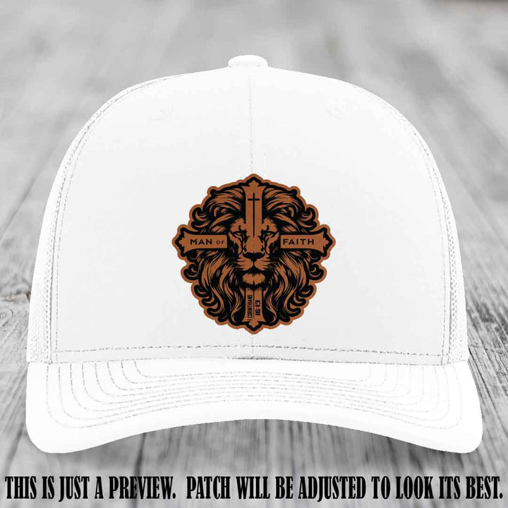 Man of Faith design Rawhide to Black Patch on White Hat Richardson 112 leather patch hat