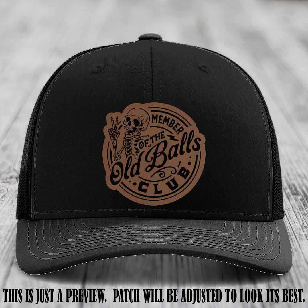 Member of the Old Balls Club Dark Brown to Black Patch on Black Hat - Richardson 112 Leather Patch Hat