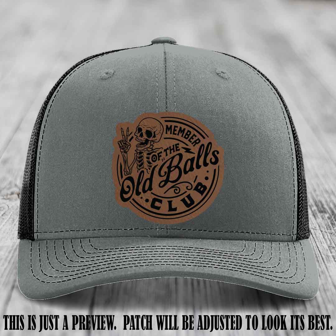 Member of the Old Balls Club Dark Brown to Black Patch on Heather Grey to Black Hat - Richardson 112 Leather Patch Hat