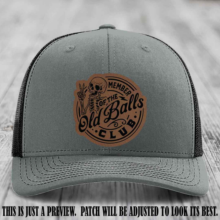 Member of the Old Balls Club Dark Brown to Black Patch on Heather Grey to Black Hat - Richardson 112 Leather Patch Hat