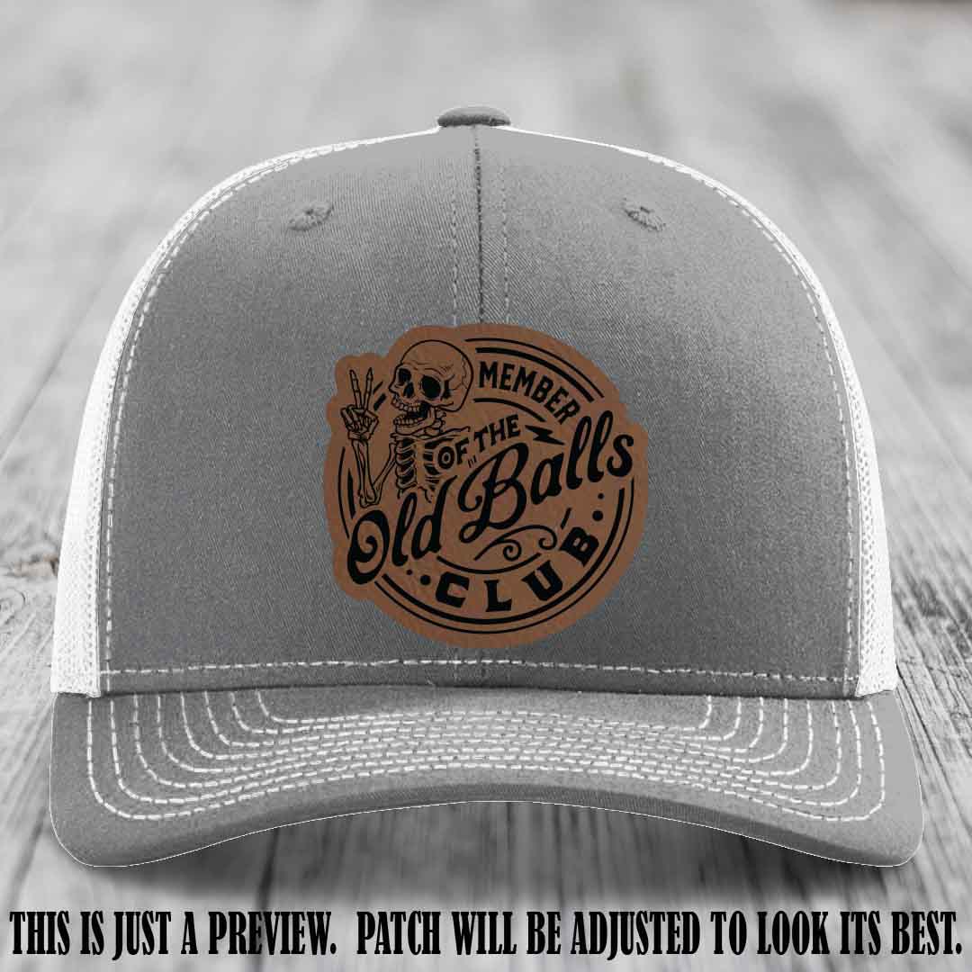 Member of the Old Balls Club Dark Brown to Black Patch on Heather Grey to White Hat - Richardson 112 Leather Patch Hat