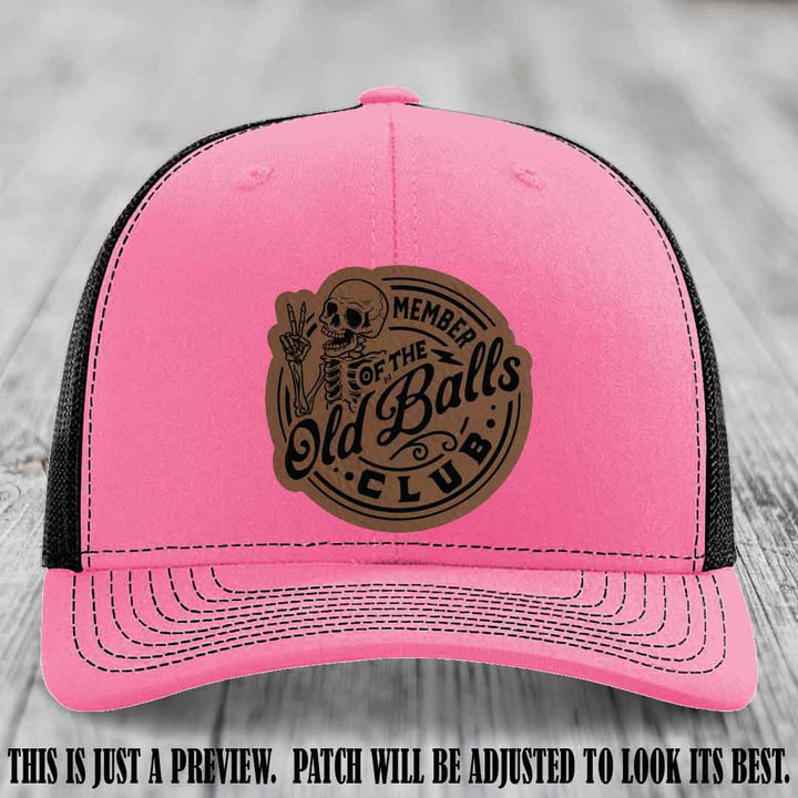 Member of the Old Balls Club Dark Brown to Black Patch on Hot Pink to Black Hat - Richardson 112 Leather Patch Hat
