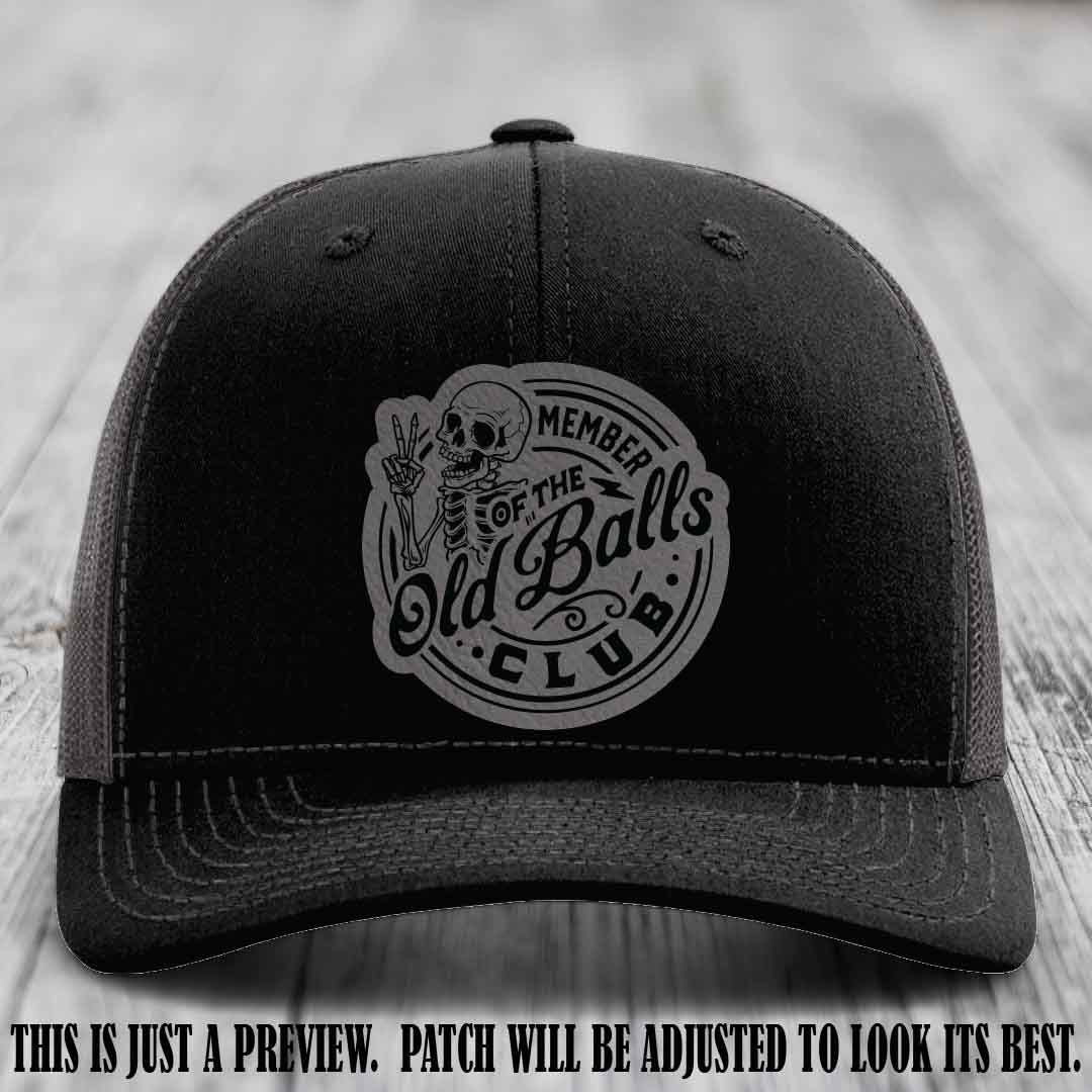 Member of the Old Balls Club Grey to Black Patch on Black to Charcoal Hat - Richardson 112 Leather Patch Hat