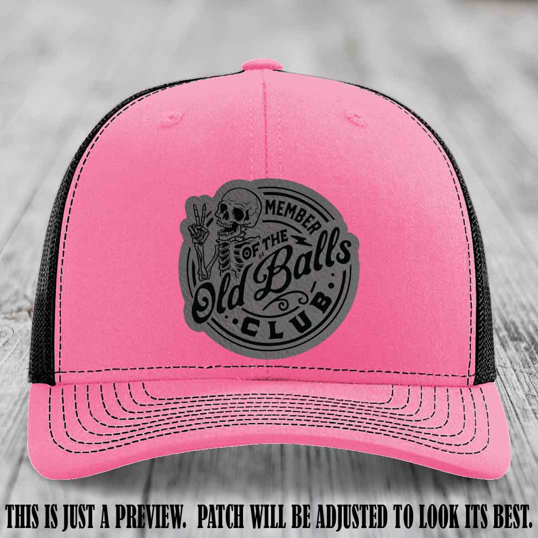 Member of the Old Balls Club Grey to Black Patch on Hot Pink to Black Hat - Richardson 112 Leather Patch Hat