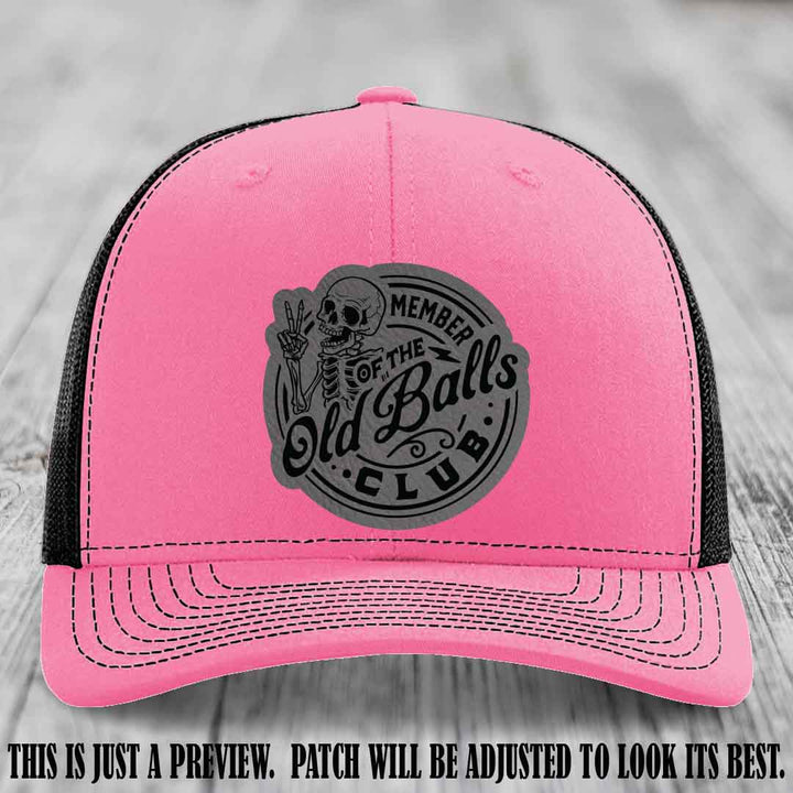 Member of the Old Balls Club Grey to Black Patch on Hot Pink to Black Hat - Richardson 112 Leather Patch Hat