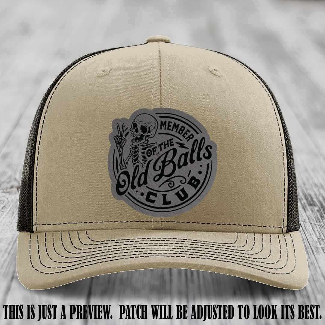 Member of the Old Balls Club Grey to Black Patch on Khaki to Coffee Hat - Richardson 112 Leather Patch Hat
