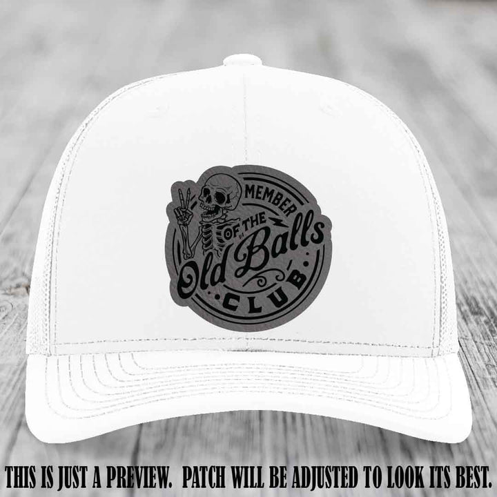 Member of the Old Balls Club Grey to Black Patch on White Hat - Richardson 112 Leather Patch Hat