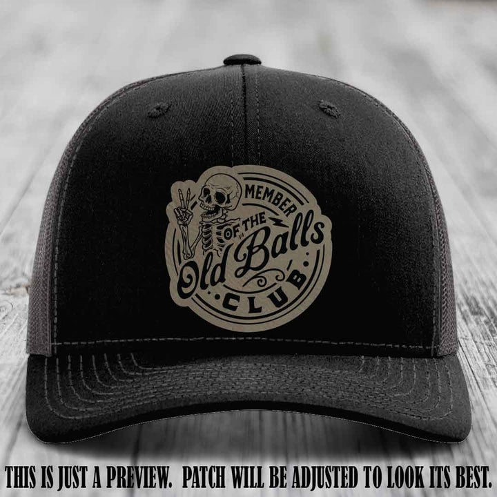 Member of the Old Balls Club Light Brown to Black Patch on Black to Charcoal Hat - Richardson 112 Leather Patch Hat