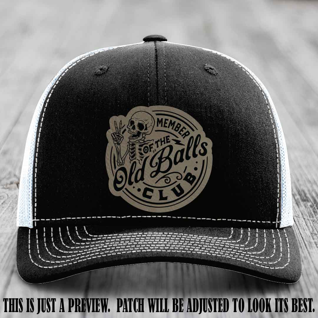 Member of the Old Balls Club Light Brown to Black Patch on Black to White Hat - Richardson 112 Leather Patch Hat