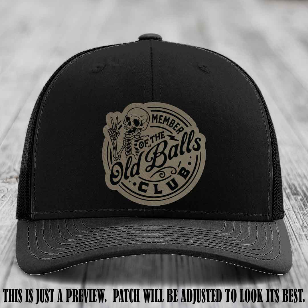 Member of the Old Balls Club Light Brown to Black Patch on Black Hat - Richardson 112 Leather Patch Hat