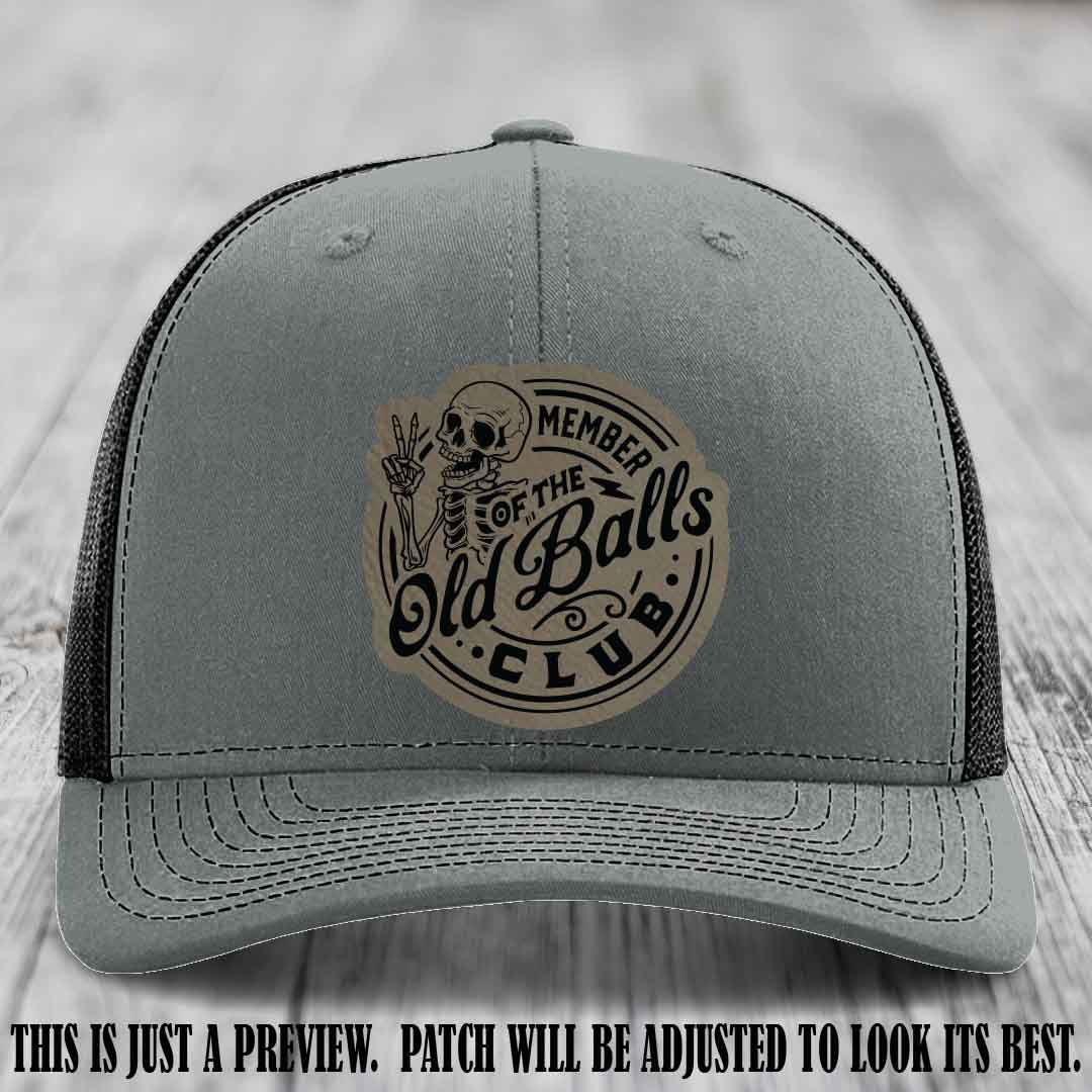 Member of the Old Balls Club Light Brown to Black Patch on Heather Grey to Black Hat - Richardson 112 Leather Patch Hat