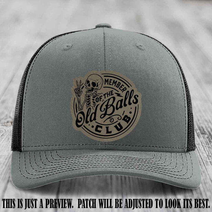 Member of the Old Balls Club Light Brown to Black Patch on Heather Grey to Black Hat - Richardson 112 Leather Patch Hat