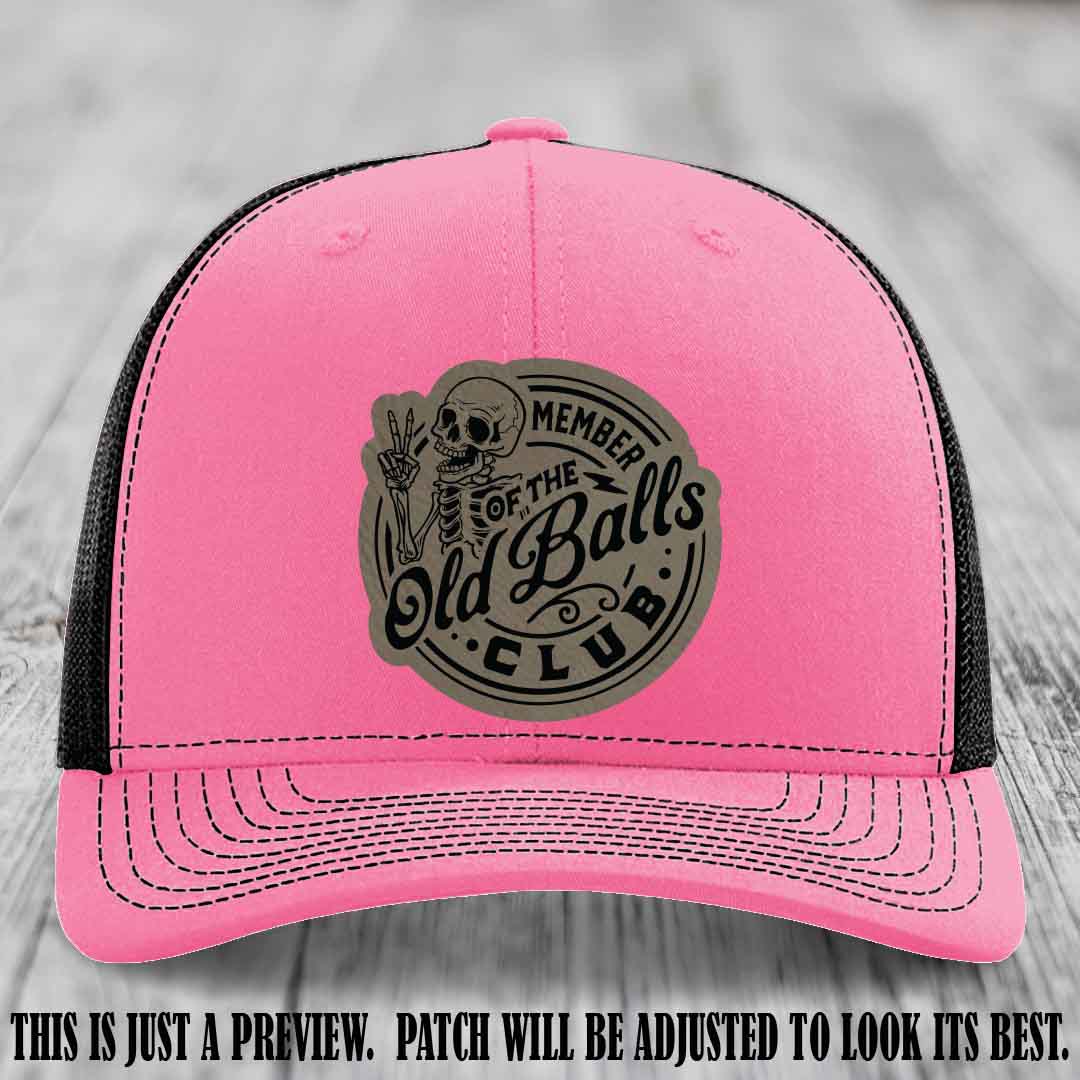 Member of the Old Balls Club Light Brown to Black Patch on Hot Pink to Black Hat - Richardson 112 Leather Patch Hat