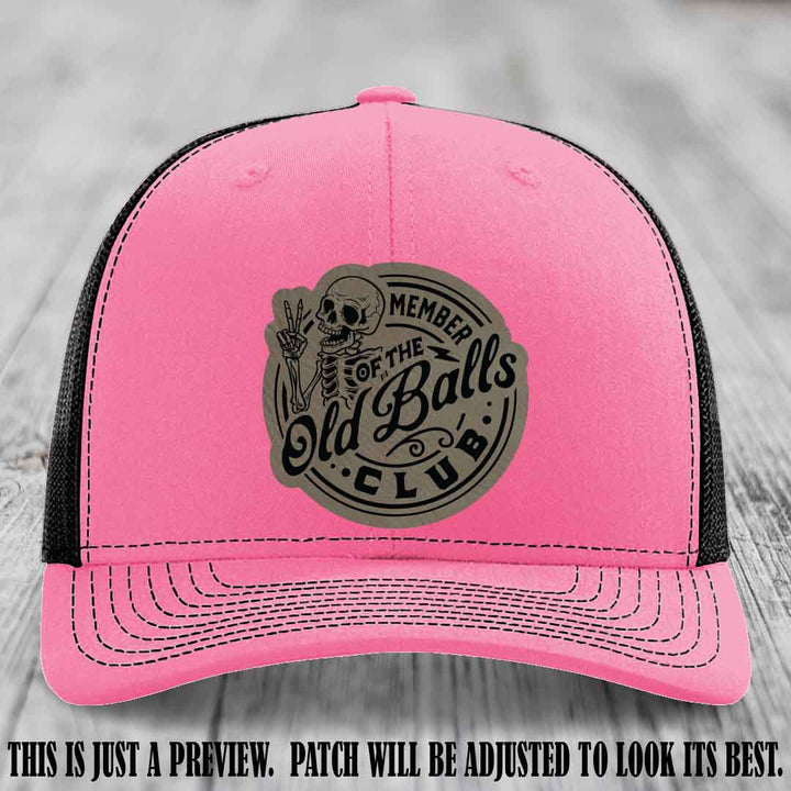 Member of the Old Balls Club Light Brown to Black Patch on Hot Pink to Black Hat - Richardson 112 Leather Patch Hat