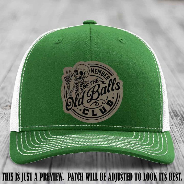 Member of the Old Balls Club Light Brown to Black Patch on Kelly to White Hat - Richardson 112 Leather Patch Hat