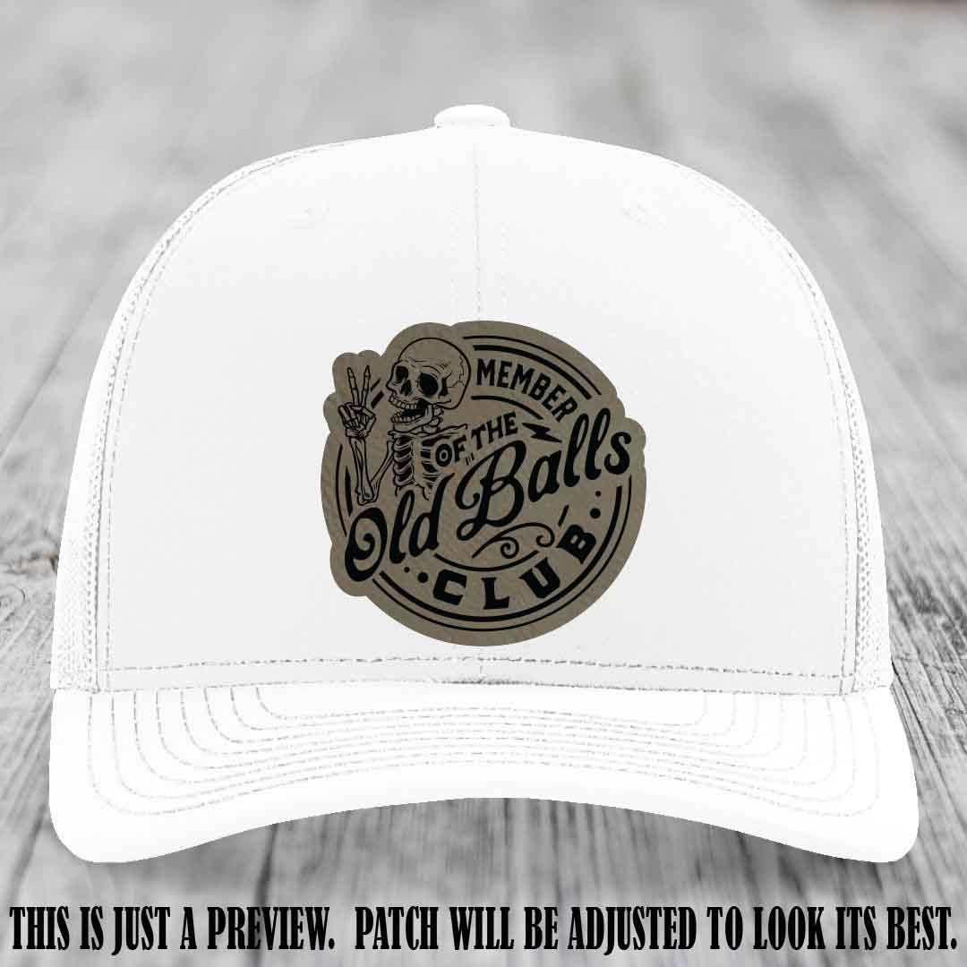 Member of the Old Balls Club Light Brown to Black Patch on White Hat - Richardson 112 Leather Patch Hat