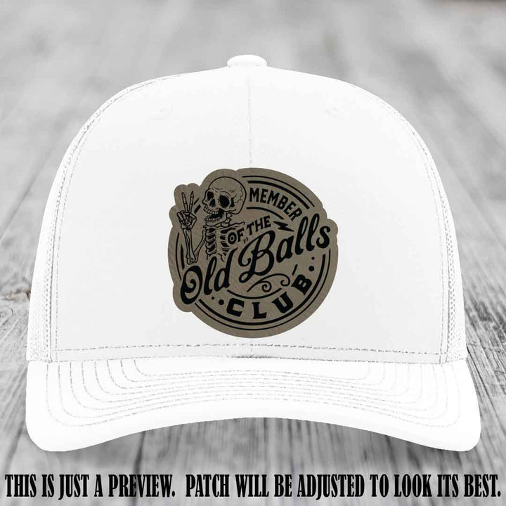 Member of the Old Balls Club Light Brown to Black Patch on White Hat - Richardson 112 Leather Patch Hat