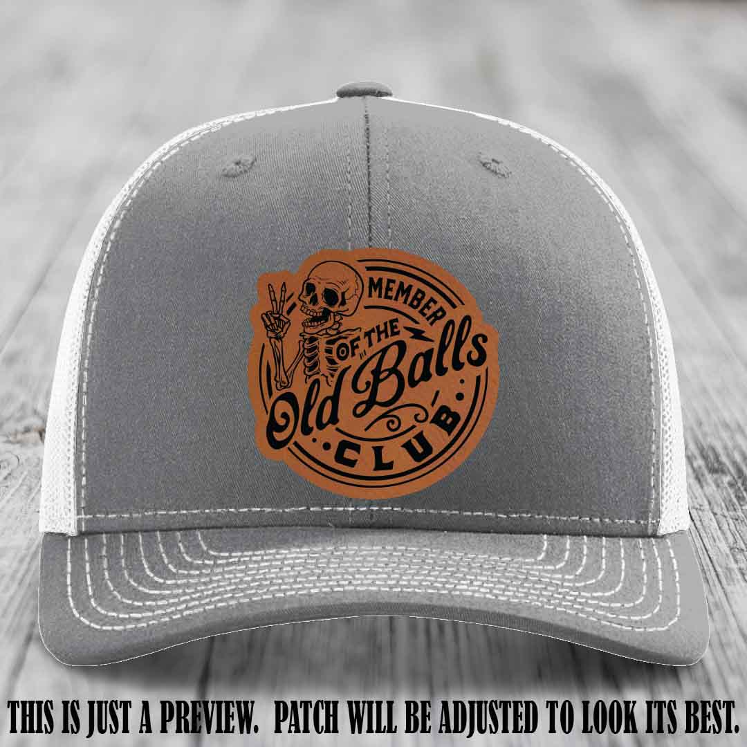 Member of the Old Balls Club Rawhide to Black Patch on Heather Grey to White Hat - Richardson 112 Leather Patch Hat