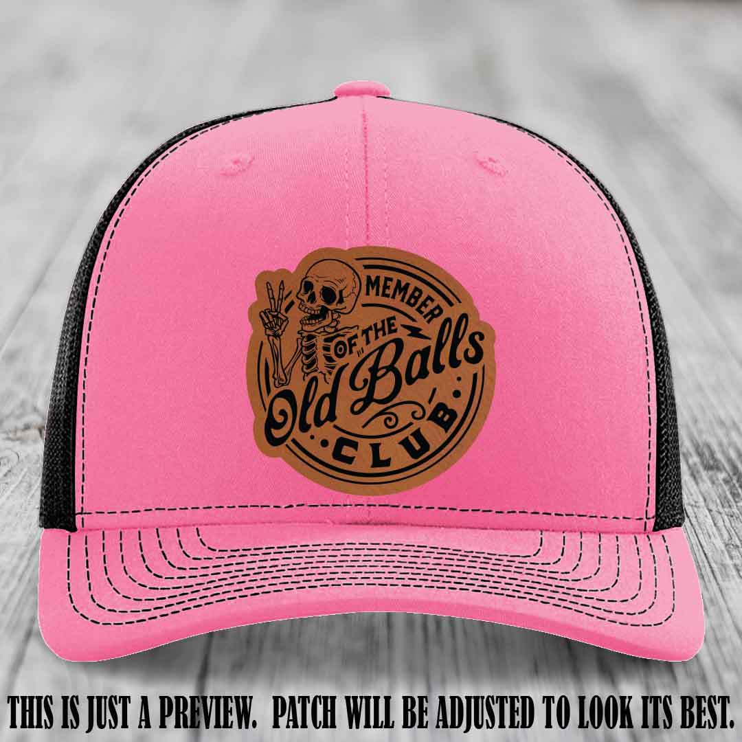 Member of the Old Balls Club Rawhide to Black Patch on Hot Pink to Black Hat - Richardson 112 Leather Patch Hat