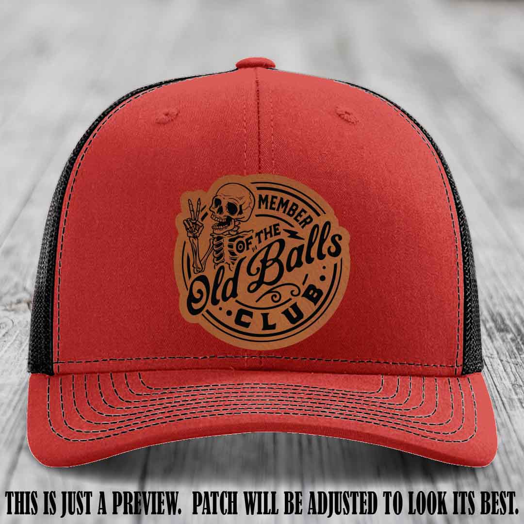 Member of the Old Balls Club Rawhide to Black Patch on Red to Black Hat - Richardson 112 Leather Patch Hat