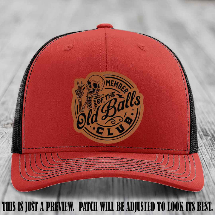 Member of the Old Balls Club Rawhide to Black Patch on Red to Black Hat - Richardson 112 Leather Patch Hat