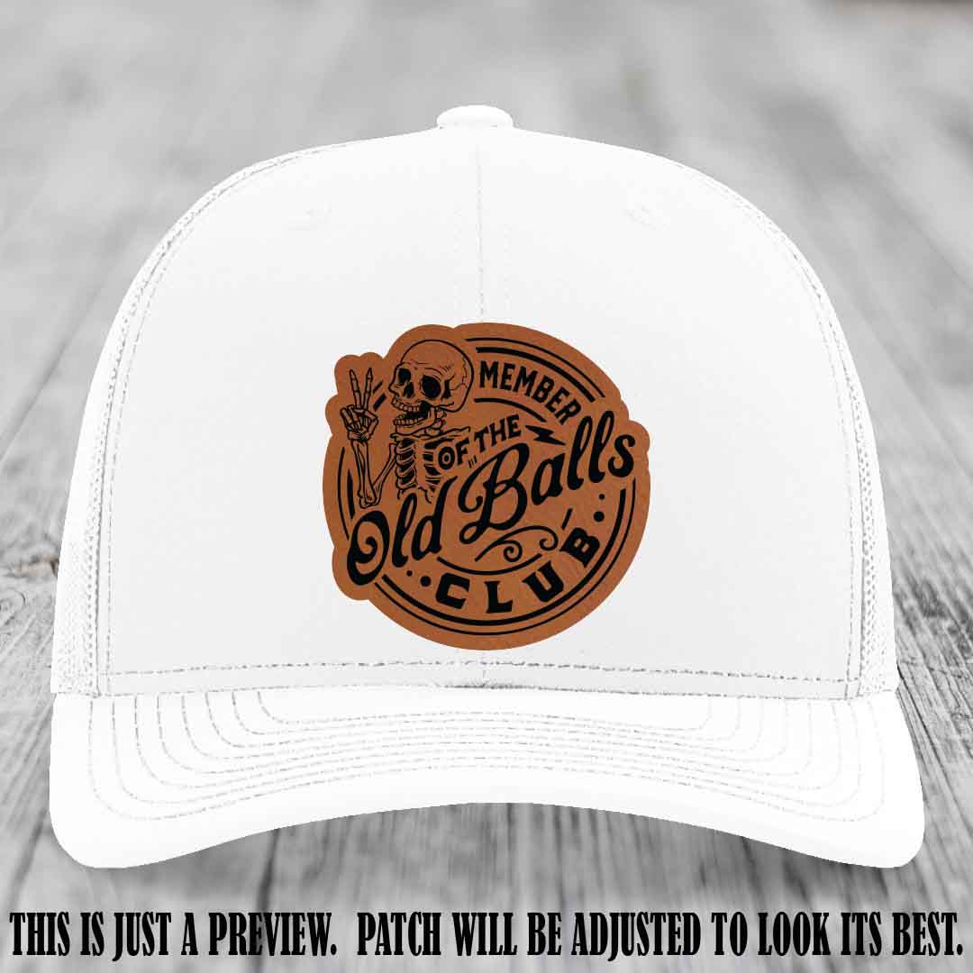 Member of the Old Balls Club Rawhide to Black Patch on White Hat - Richardson 112 Leather Patch Hat
