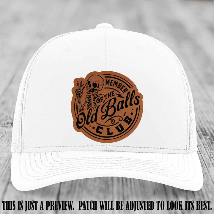 Member of the Old Balls Club Rawhide to Black Patch on White Hat - Richardson 112 Leather Patch Hat