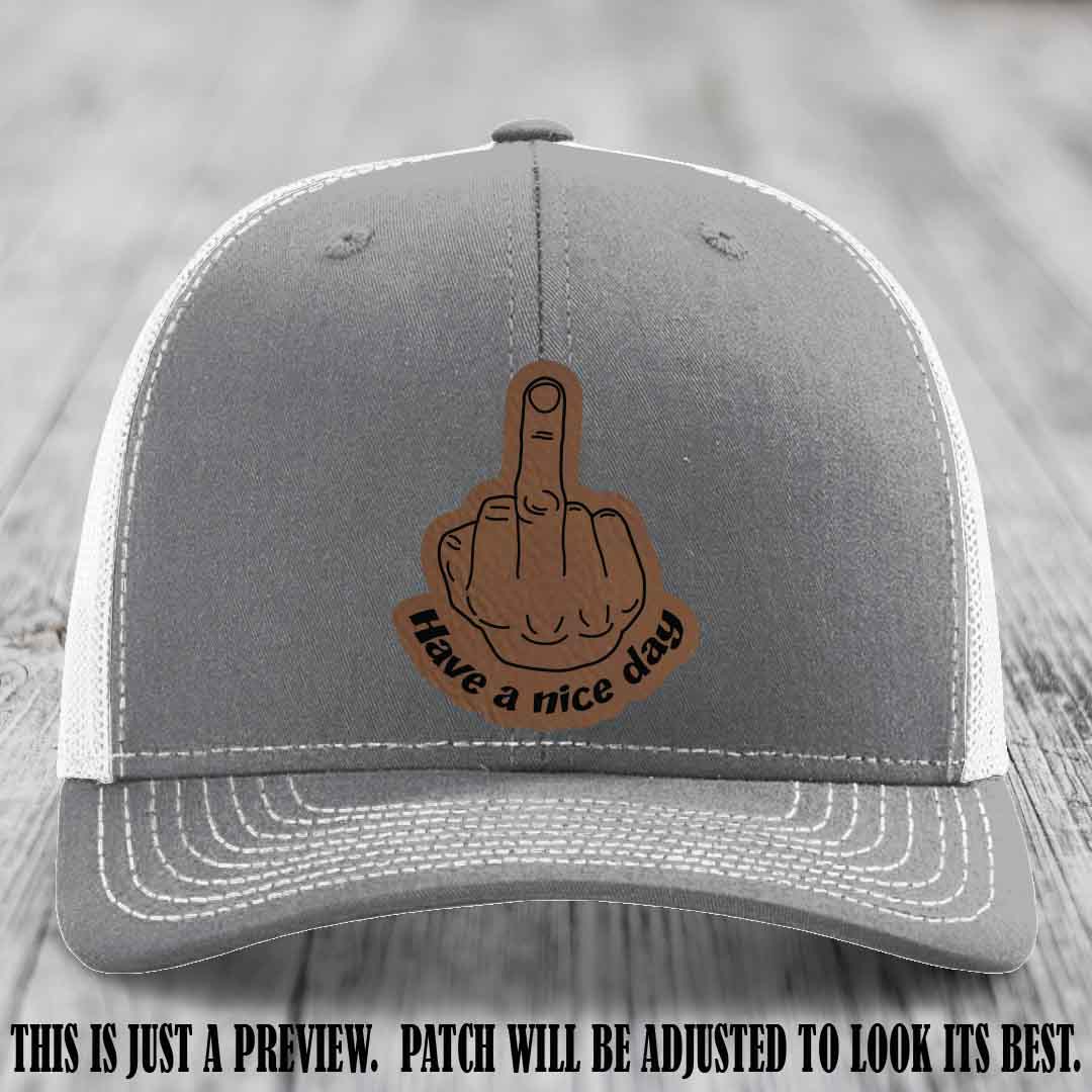 Have a Nice Day 🖕 dark brown to black patch on heather grey to white hat Richardson 112 hat