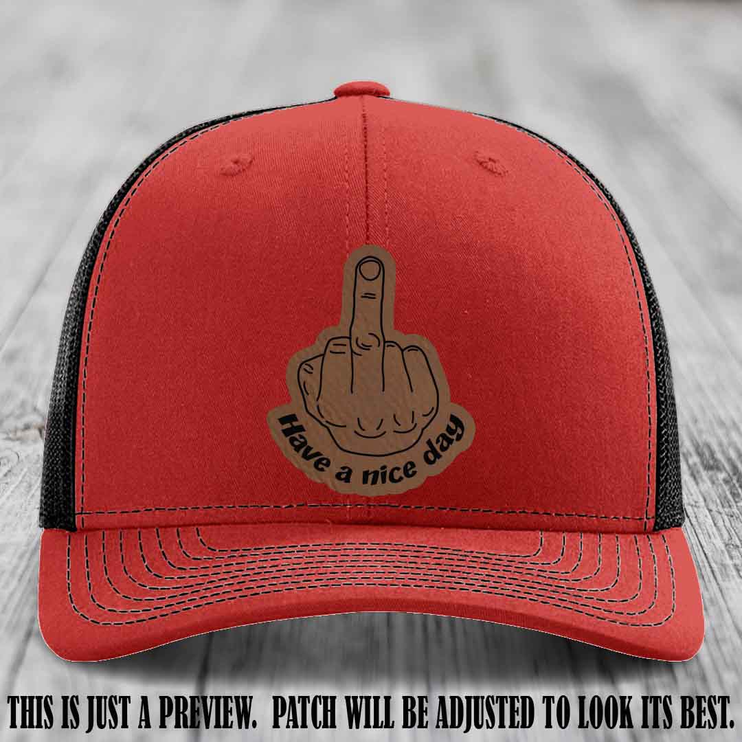Have a Nice Day 🖕 dark brown to black patch on red to black hat Richardson 112 hat