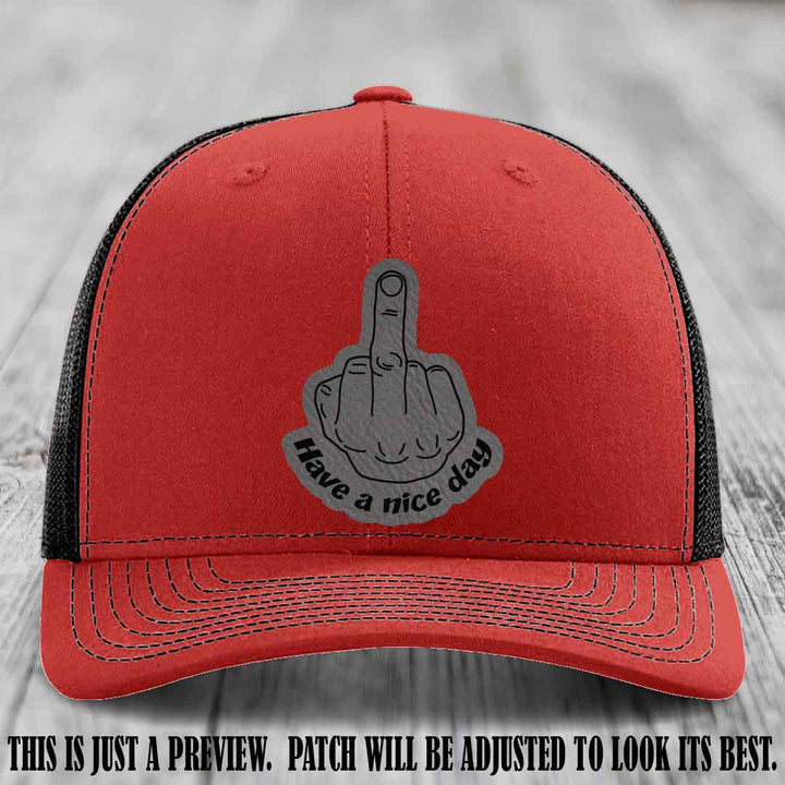 Have a Nice Day 🖕 grey to black patch on red to black hat Richardson 112 hat