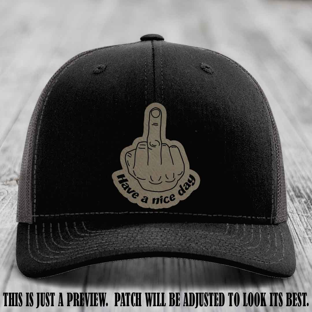Have a Nice Day 🖕 light brown to black patch on black to charcoal hat Richardson 112 hat