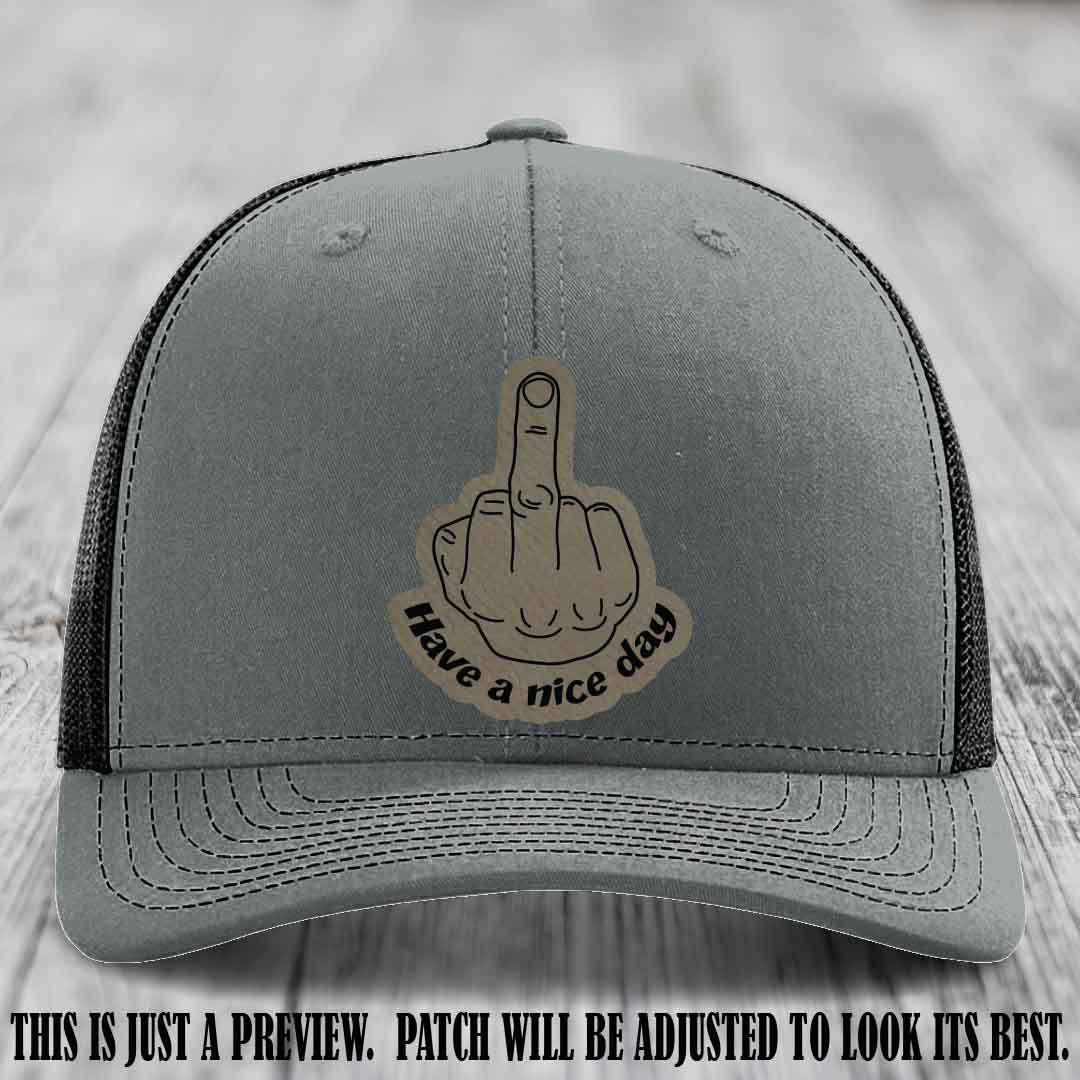 Have a Nice Day 🖕 light brown to black patch on heather grey to black hat Richardson 112 hat