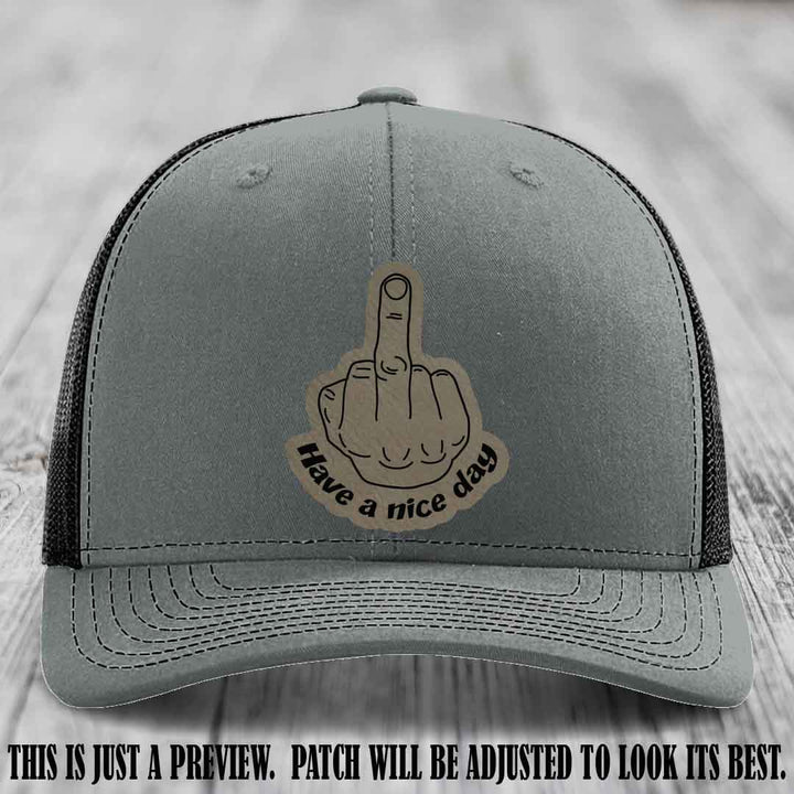 Have a Nice Day 🖕 light brown to black patch on heather grey to black hat Richardson 112 hat