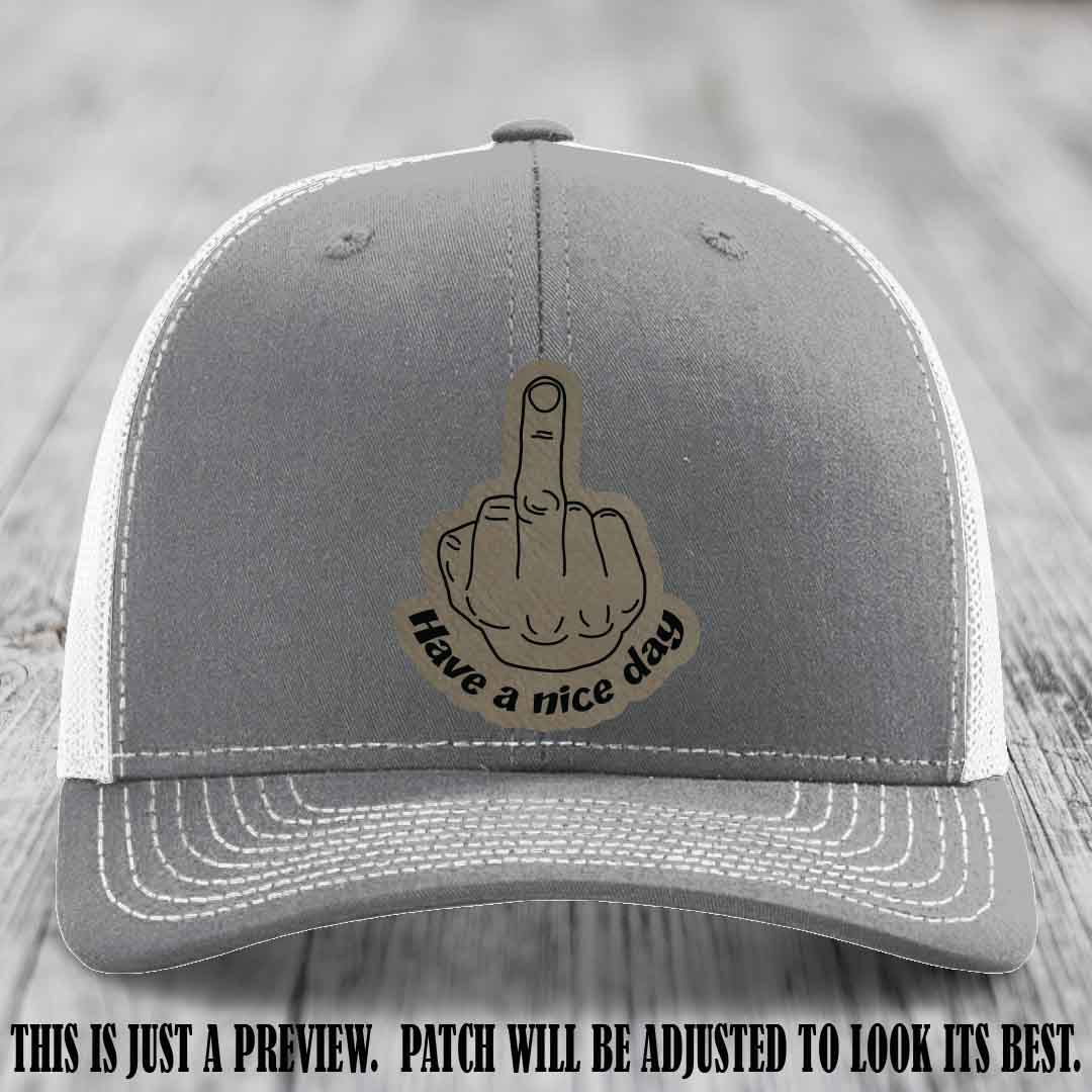Have a Nice Day 🖕 light brown to black patch on heather grey to white hat Richardson 112 hat