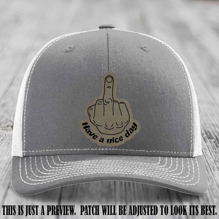 Have a Nice Day 🖕 light brown to black patch on heather grey to white hat Richardson 112 hat
