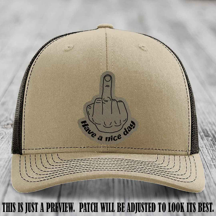 Have a Nice Day 🖕 light brown to black patch on khaki to coffee hat Richardson 112 hat