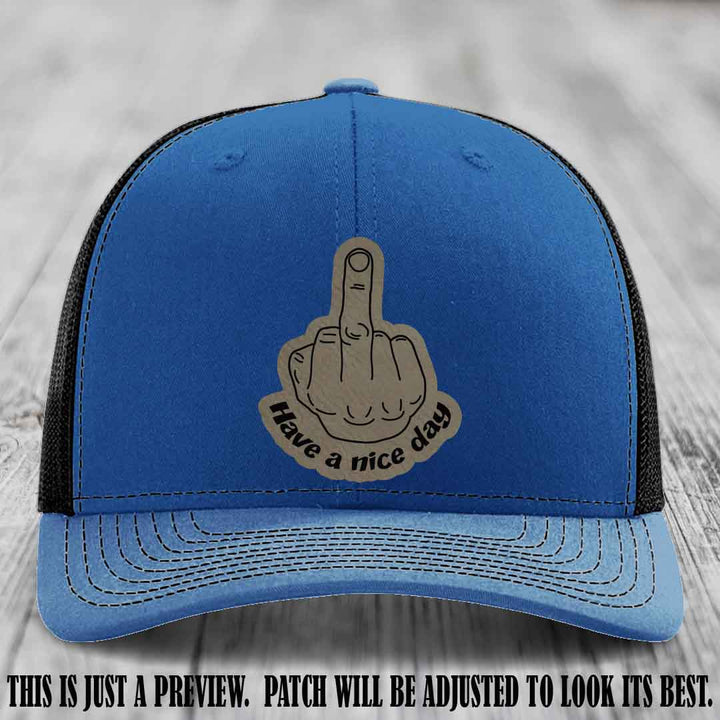 Have a Nice Day 🖕 light brown to black patch on royal to black hat Richardson 112 hat