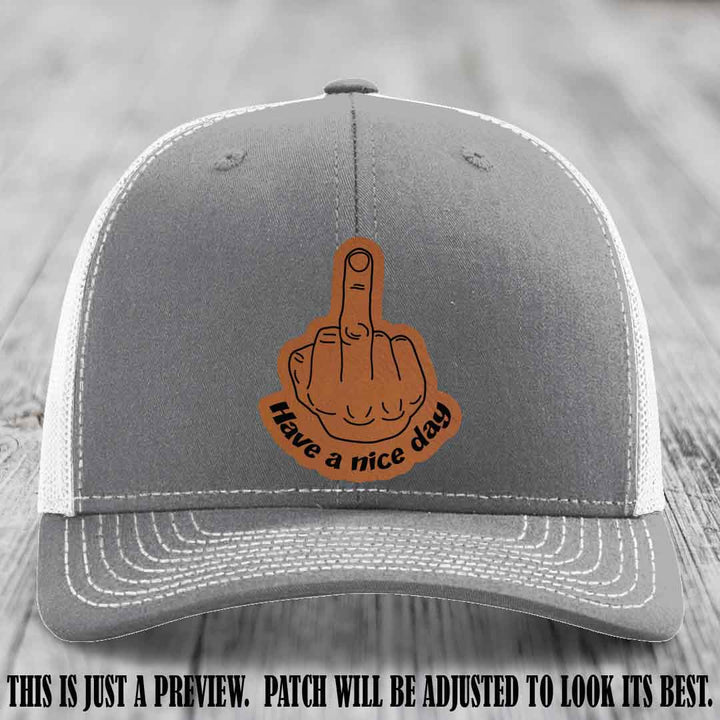 Have a Nice Day 🖕 rawhide to black patch on heather grey to white hat Richardson 112 hat
