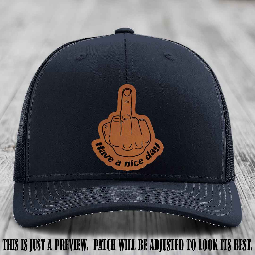 Have a Nice Day 🖕 rawhide to black patch on navy hat Richardson 112 hat